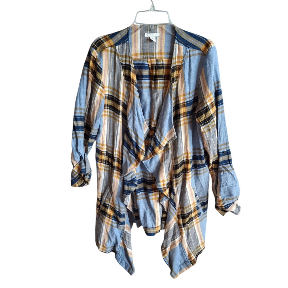 Cato Est 1946 Womens Small Plaid Drape Front Cardigan Open Blue Yellow Cut Off